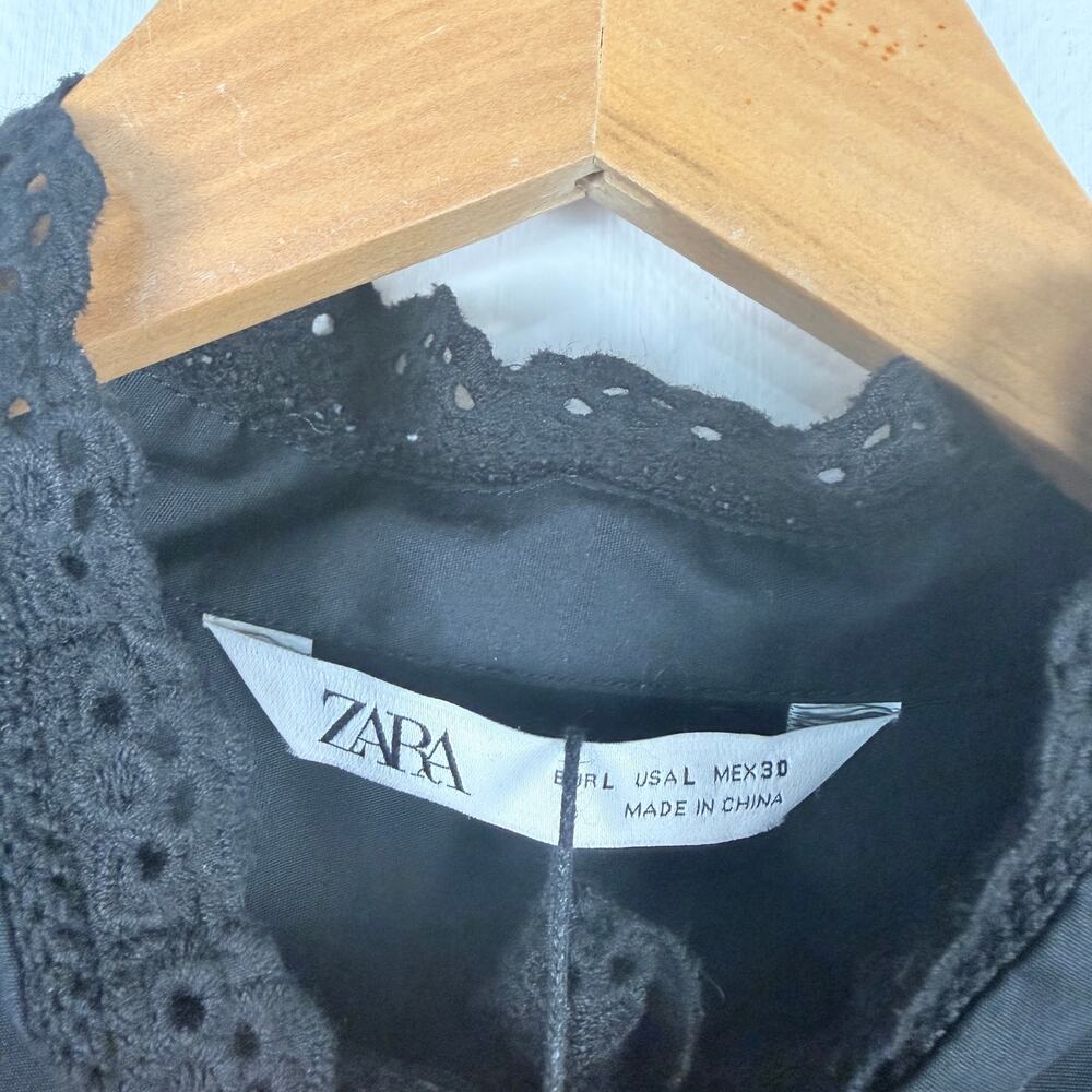 Zara Black Long Puff Sleeve Poplin Button Up Mini Shirt Dress Pintuck Lace LARGE - Picture 7 of 10